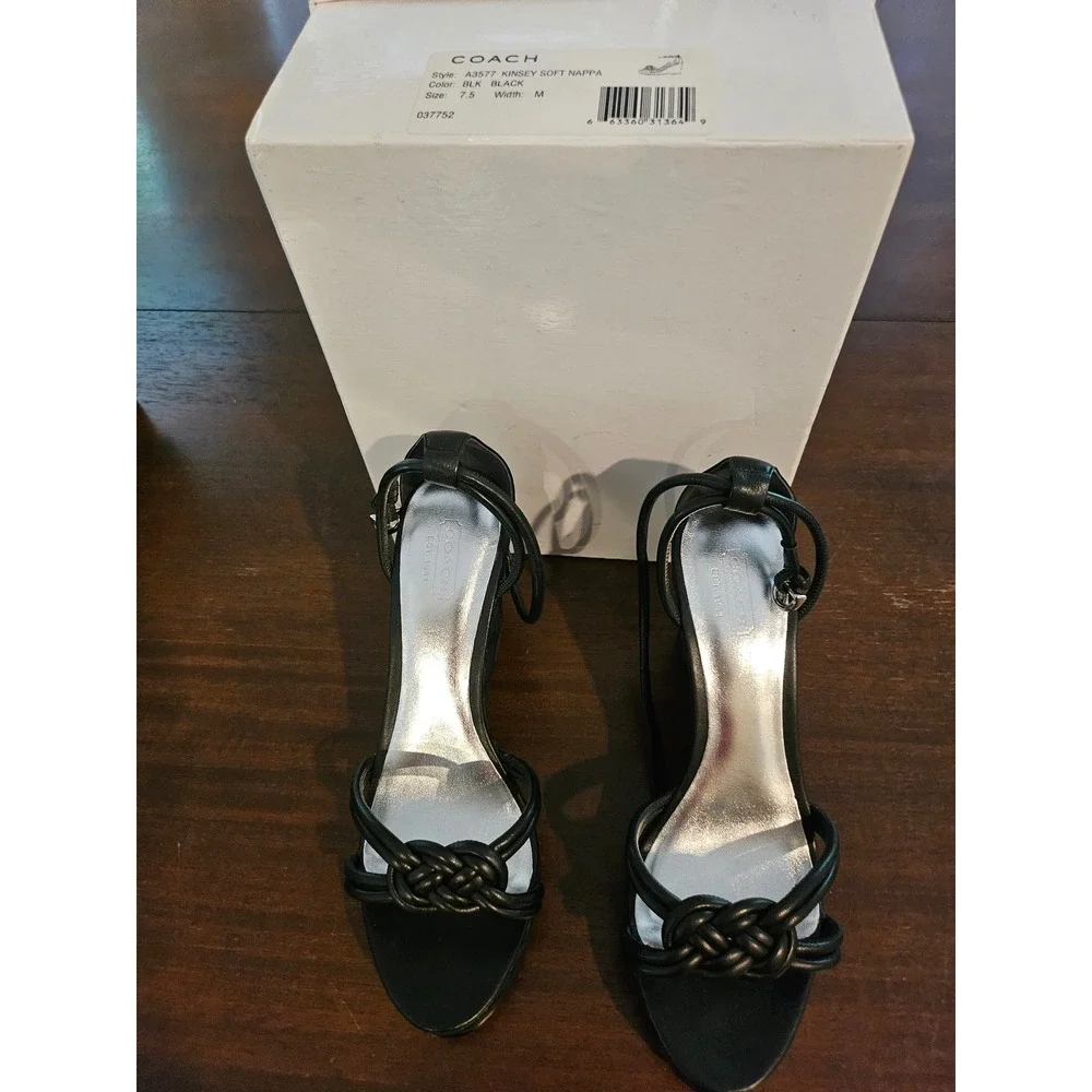 Coach Kinsey Soft Nappa Wedge Sandals Womens 7.5 Black Signature Jacquard A3577